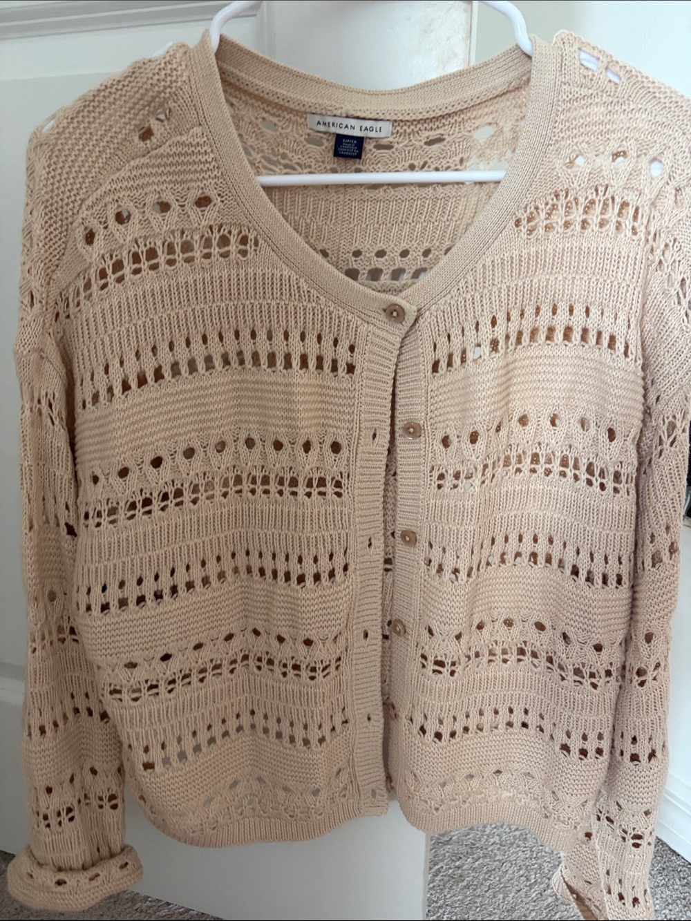 American Eagle Outfitters Beige Open-Knit Button Front Cardigan